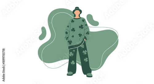 Stylish young woman celebrating St Patrick's Day in modern green outfit with shamrocks, Generative AI.
