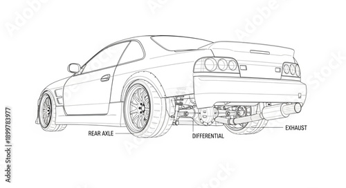 Detailed Automotive Engineering Blueprint of a Sports Car Rear View.
