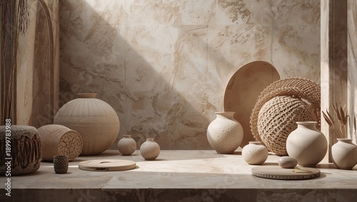 Display of Neutral Colored Pottery and Decorations in a Warm Room With Natura...