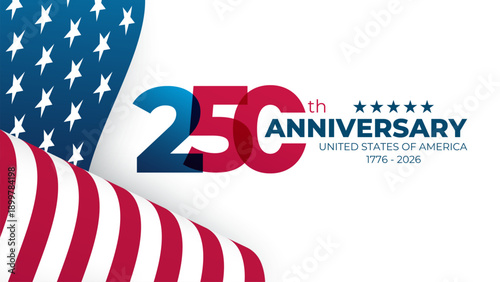 USA Independence Day 250th anniversary festive banner with waving national flag of the United States. White background. Vector illustration.