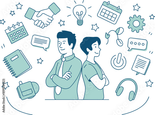 Two young professional men standing back to back, freshers starting new career journey, business onboarding icons, corporate recruitment, internship, growth