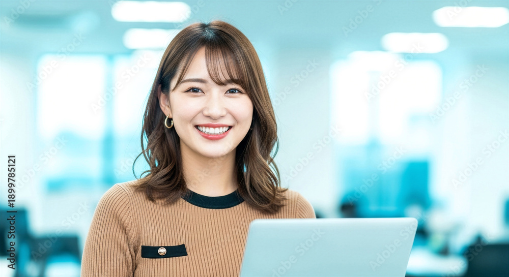 © M - PCを使いオフィスで笑顔を見せる女性社員