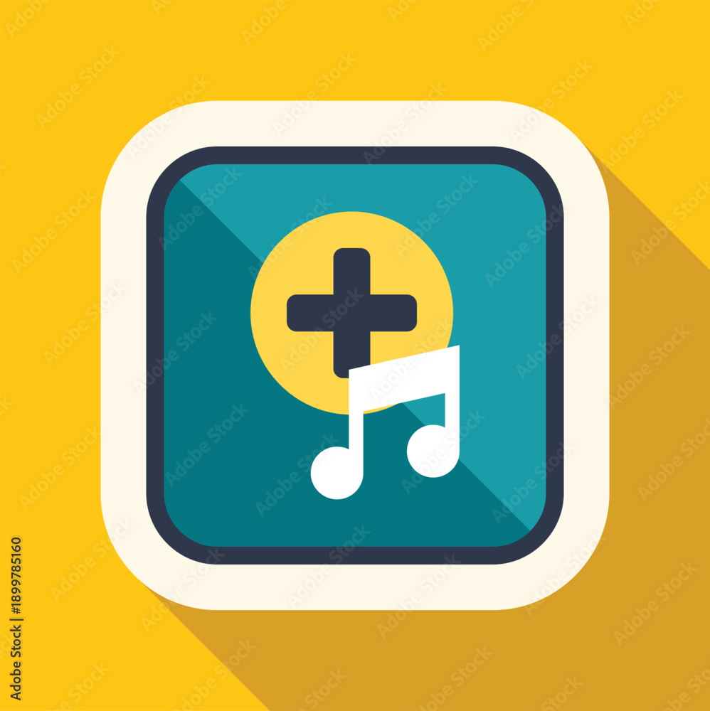 Obraz premium Music note with plus sign featuring flat design and long shadow on square media player app button