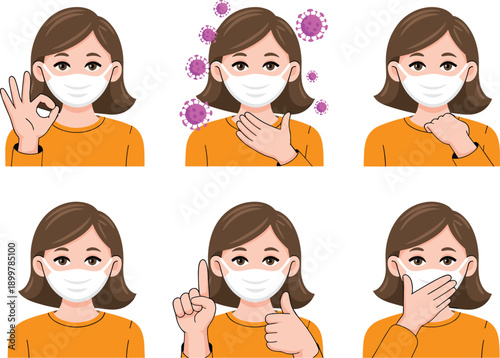 Woman Wearing Medical Face Mask Collection Illustrating Healthy Hand Gestures for Virus Prevention Safety Measures Hygiene Awareness and Pandemic Protection Kit