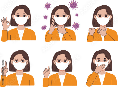 Woman Wearing Medical Face Mask Collection Illustrating Healthy Hand Gestures for Virus Prevention Safety Measures Hygiene Awareness and Pandemic Protection Kit
