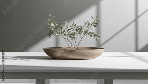 Plant Arrangement in a Simple Bowl on a Table With Light Shadows