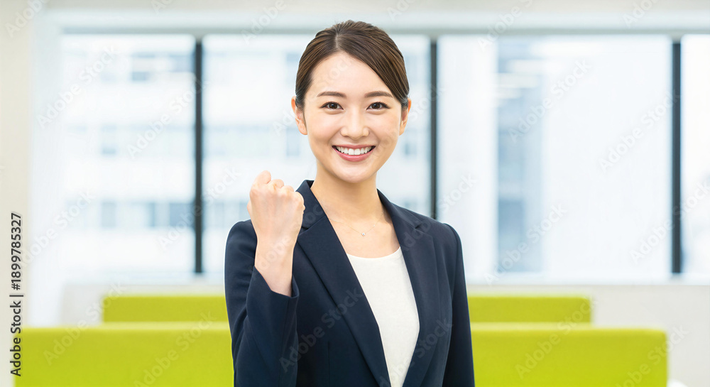 Fototapeta premium オフィスでガッツポーズをする笑顔の女性