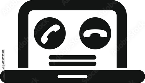 Laptop screen showing telephone receiver icons for answering and hanging up a call