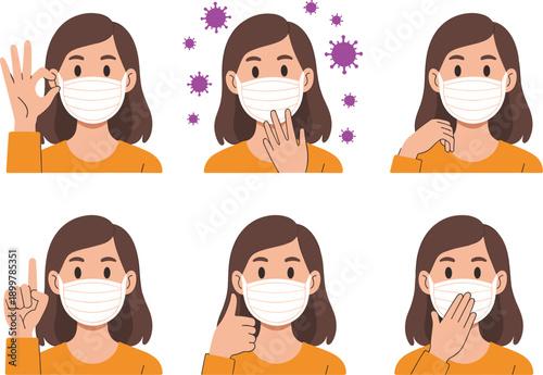 Woman Wearing Medical Face Mask Set Showing Hand Gestures for Virus Protection Prevention Safety Health Awareness Flu Outbreak and Hygiene