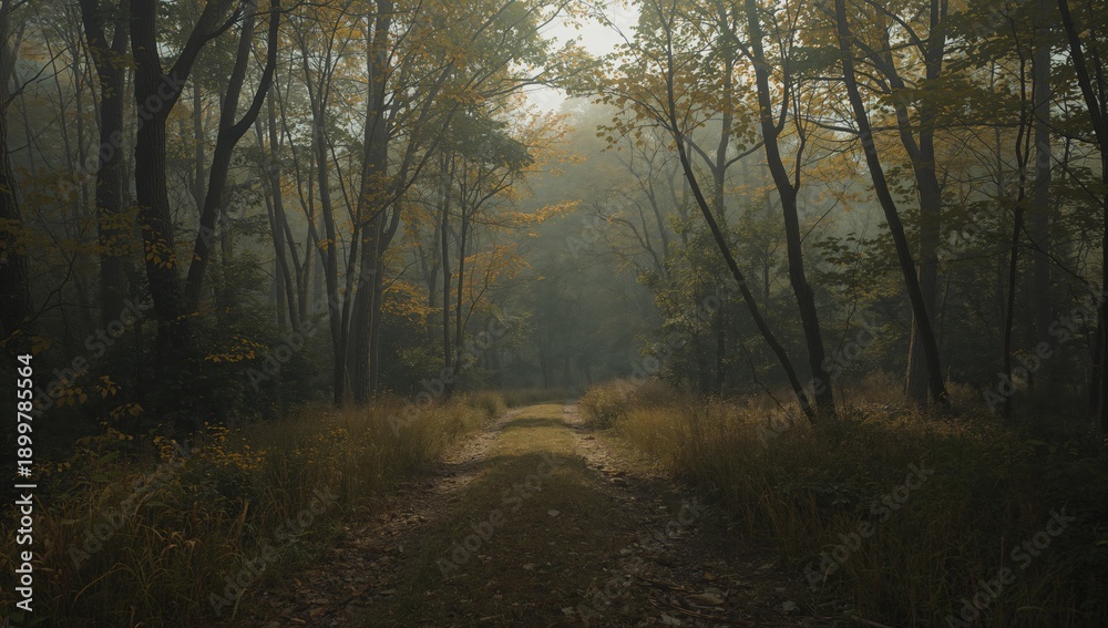 Fototapeta premium Path Winding Through Forest With Fog and Autumn Leaves in Morning Light