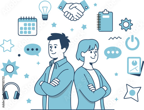 Young professional freshers starting new career, male and female employees back to back, business onboarding icons, corporate recruitment, internship, growth, hiring