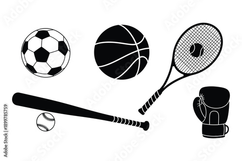 Sports Equipment Icons: Balls, Racquet, Mitt