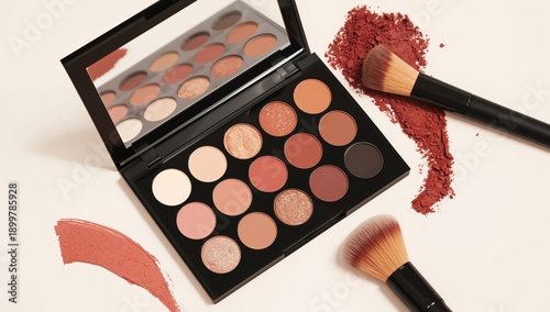 Makeup Palette and Brushes Arranged on a Flat Surface With Colors and Product...