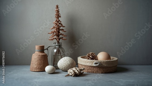 Decorative Objects on a Gray Surface With Natural Elements in a Simple Arrang...