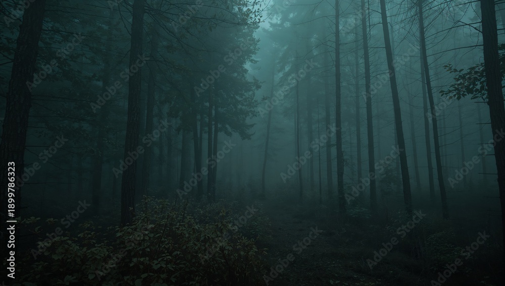 Obraz premium Fog Covers Trees in a Forest During Early Morning Hours in a Quiet Setting With Soft Light
