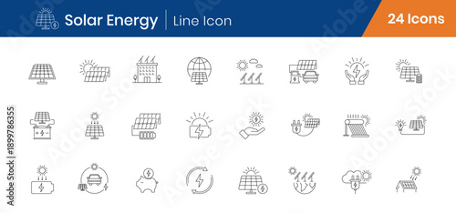 Solar Energy Icons Set of 24. Renewable Power, Solar Panel, Sun, Sustainability Outline Icons. Linear Vector Editable Stroke Icons