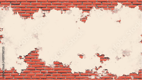 Brick wall background with peeling plaster. Brick wall pattern. llustration of brick wall with distressed white plaster. 