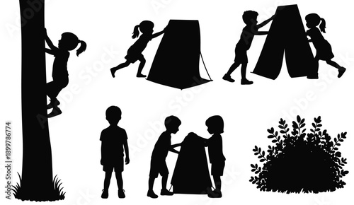 Children engaging in outdoor camping and climbing activities near a tree and bushes isolated on white background, Vector, illustration