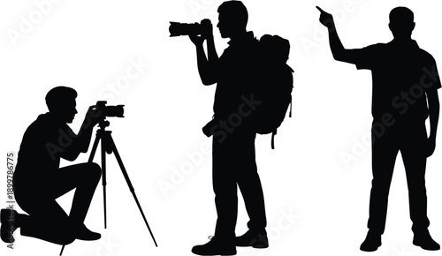 Photographer directing a model during a photoshoot session on location isolated on white background, Vector, illustration