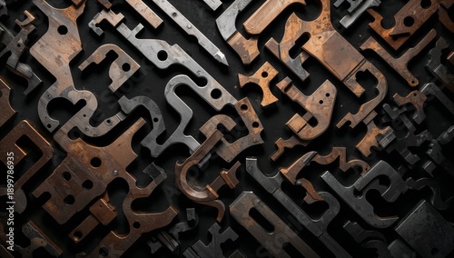 Metal Parts Are Arranged on a Dark Surface in an Abstract Pattern During Dayl...