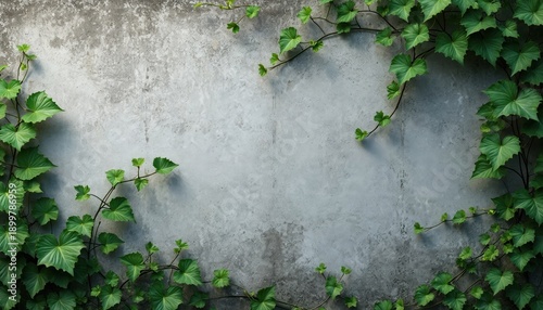 Green ivy plants grow on rough concrete wall, creating natural patterns. This botanical scene offers texture contrast between organic foliage and urban building material, perfect for background use.