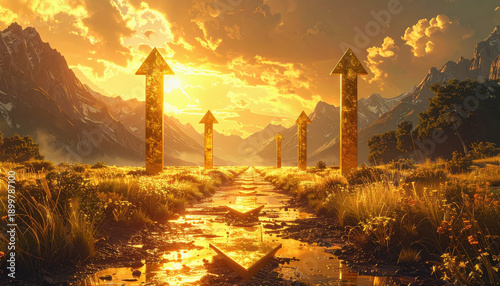 Golden Path of Arrows: Upward Arrows in a Sunny Valley with Mountain Backdrop