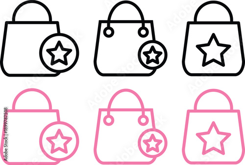 Shopping bag star outline icon set.  Favorite product and loyalty symbol. Premium Retail Labels. E commerce app policy signs
