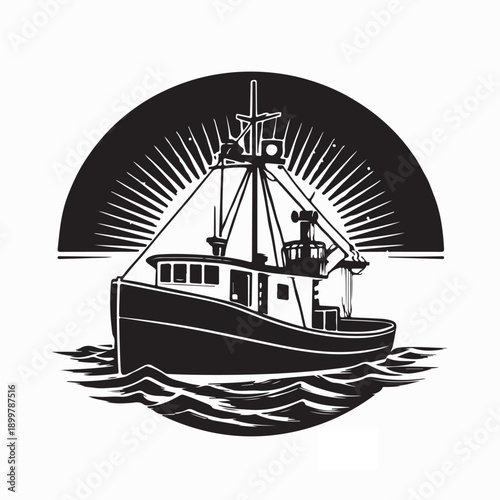 Fishing Boat Vector. Fishing Vessel Monochrome Silhouette Vector Art Illustration