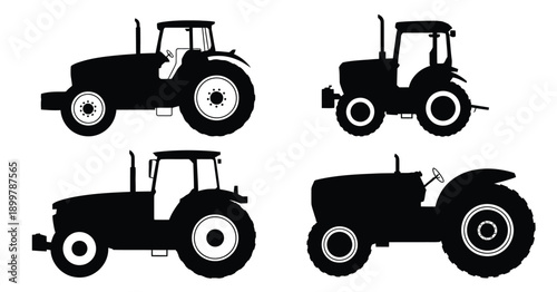 Four distinct silhouettes of agricultural tractors in black and white isolated on white background, Vector, illustration