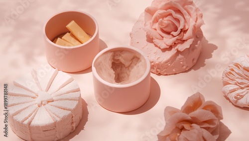 Natural Skin Care Products Displayed on a Table With Decorative Items and Flo...