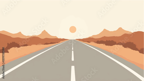 Highway pasing through a desert. Highway landscape.  Desert dunes. Highway illustration. 