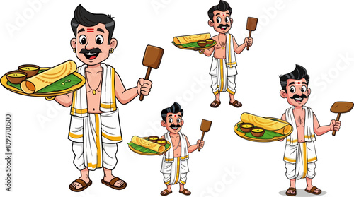 Cartoon South Indian chef presenting traditional crispy dosa meal on a banana leaf with various poses