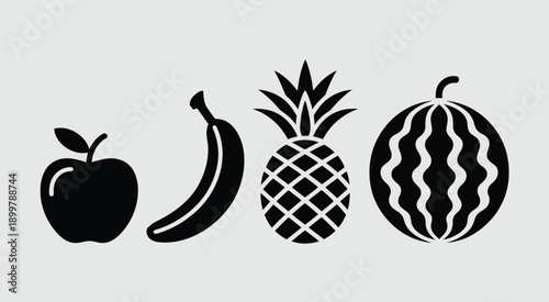 Black and white illustration of four different types of fruits isolated on white background, Vector, illustration