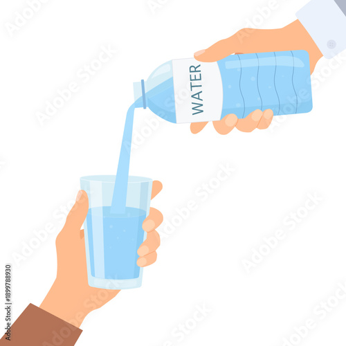 Hand pouring water from plastic bottle into a glass. Water balance, drink more water concept	
