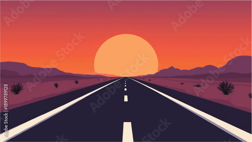 Road passing through a desert. Road landscape. Sunset view. Desert landscape. Illustration of desert sunset road.