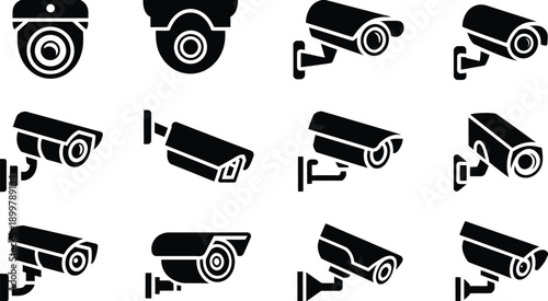 Array of diverse surveillance cameras in a grid pattern for security monitoring isolated on white background, Vector, illustration
