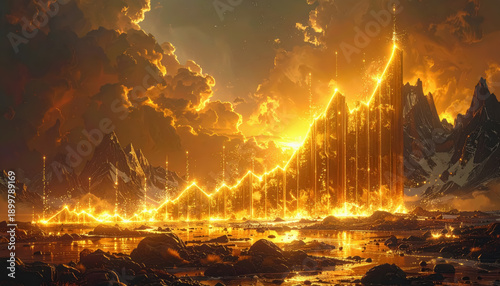 Golden Financial Graph Rising Over a Dramatic Mountain Landscape