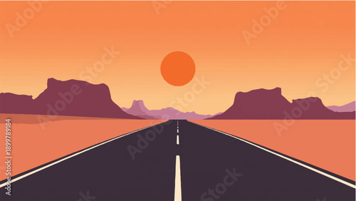 Road passing through a desert. Road landscape. Sunset view. Desert landscape. Illustration of desert sunset road.