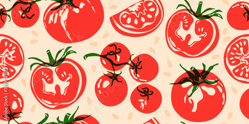 Tomato pattern. Seamless food print of whole red tomatoes, abstract cartoon of healthy organic vegetables, modern background for wrapping, wallpaper, fabric. Vector illustration