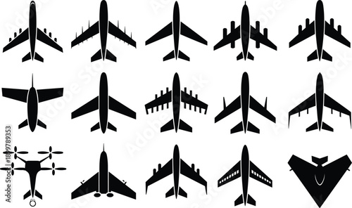 Airplane silhouettes top view collection, vector black icons set isolated white background aviation aircraft shapes transport symbols modern minimal design