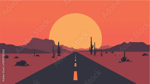 Road passing through a desert. Road landscape. Sunset view. Desert landscape. Illustration of desert sunset road.
