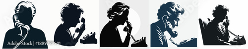 A Silhouette Elderly Woman Talking on the Phone Vector Illustration