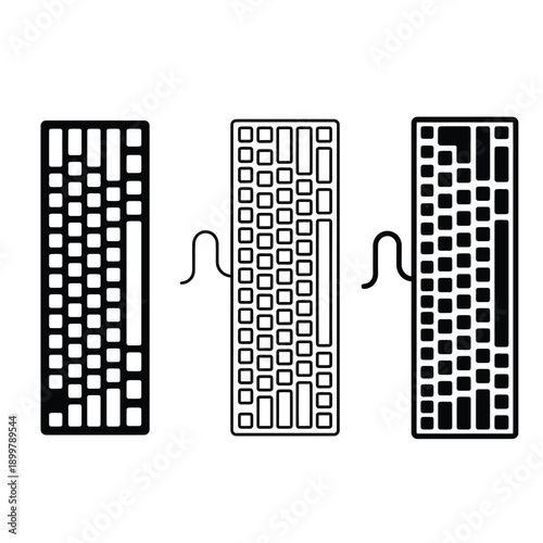 Three keyboard layouts presented in a minimalist black and white style