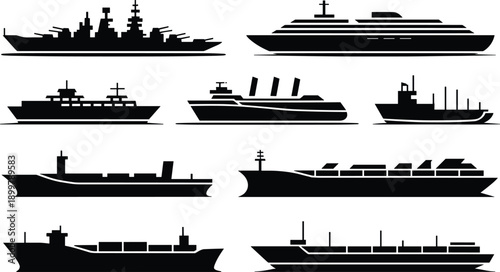 Black and white ship silhouettes collection including warship cruise liner cargo tanker vessels maritime transport vector illustration set design elements