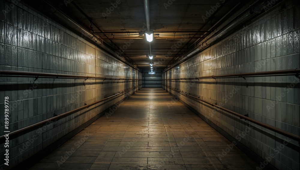 Fototapeta premium Long Hallway With Bright Lights Leading to Unknown End in a Building
