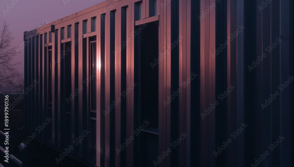 Obraz premium Sunset Light Reflects on a Metallic Building Located in an Urban Area During Twilight Hours