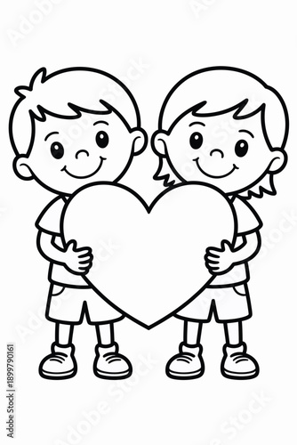 Two children joyfully holding a heart together to show affection and friendship isolated on white background, Vector, illustration