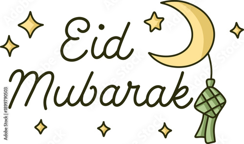 Eid Mubarak Lettering with Moon and Stars Illustration