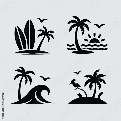 Four stylized black and white illustrations of tropical beach and surfing motifs isolated on white background, Vector, illustration