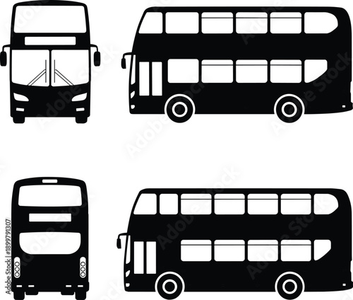 Double decker bus silhouette multiple views vector illustration isolated white background public transport city travel icon design set modern urban